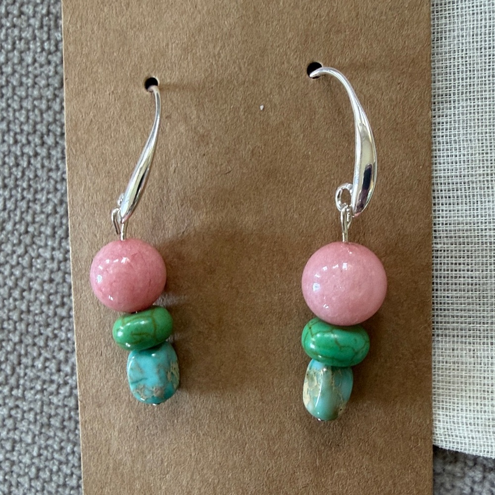 Pink, Green, Turquoise Blue Gemstone Earrings:Handmade NWT- Anthro Inspired Boho